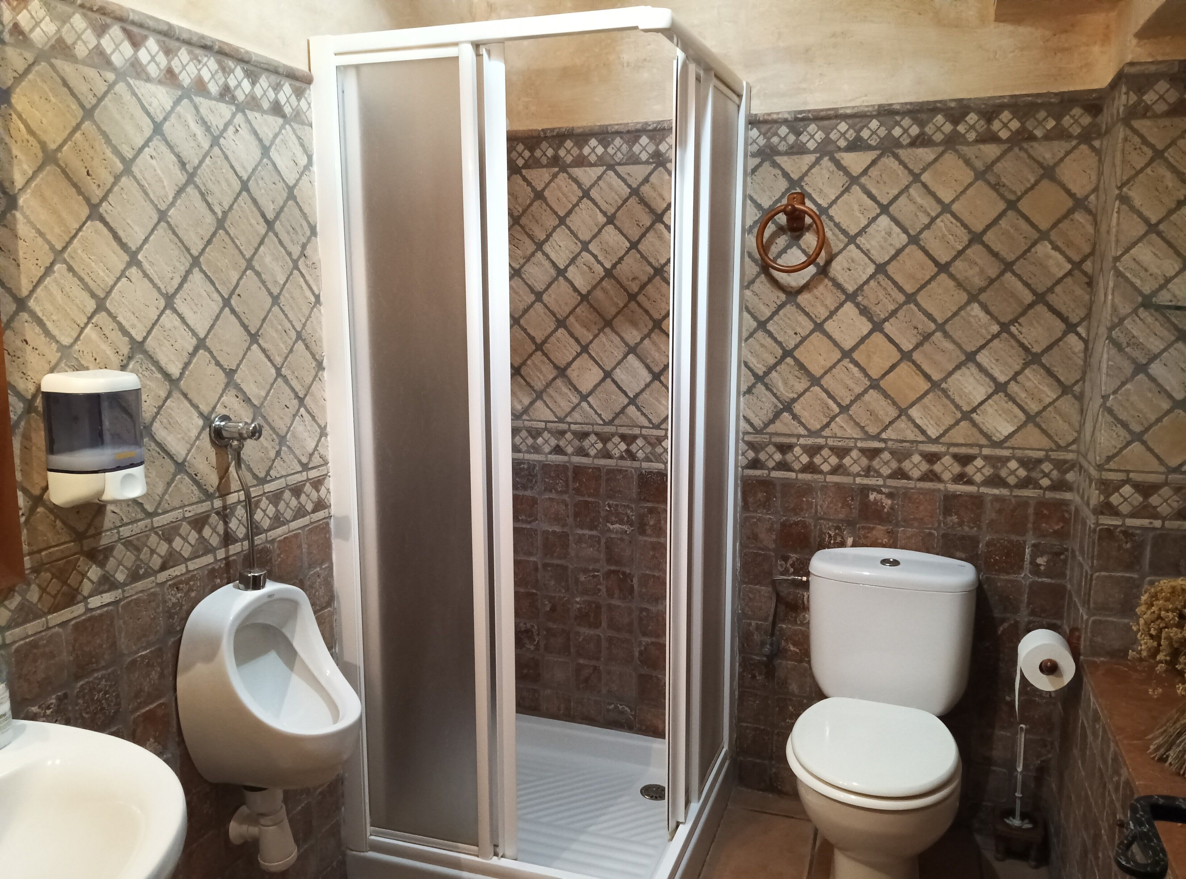 Baño con cabina de ducha, orinal, inodoro y dispensador de jabón.