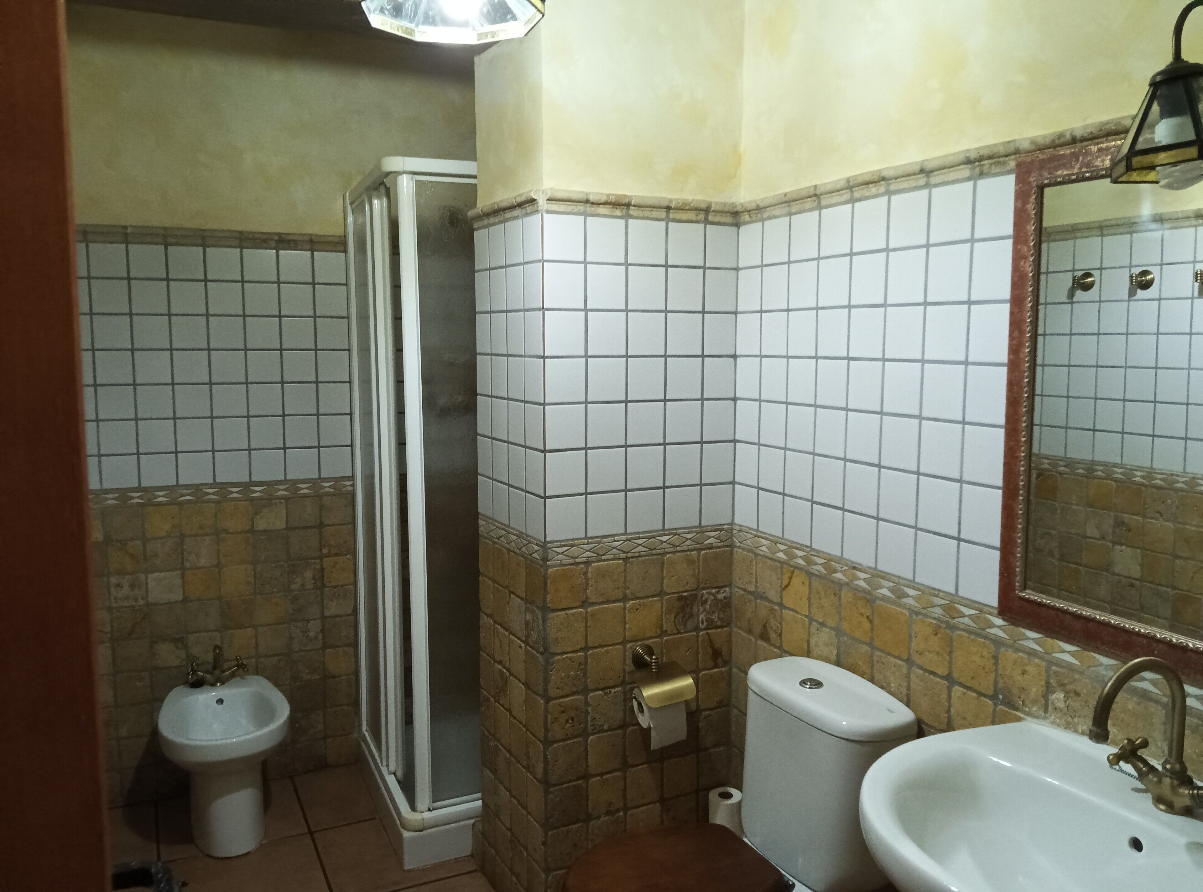 Une salle de bain équipée d’une douche, d’un bidet, de toilettes et d’un lavabo.