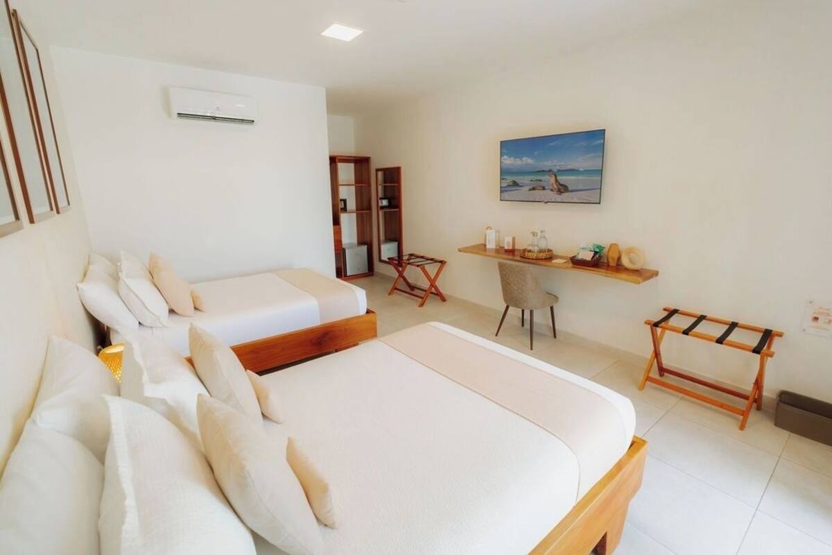 Une chambre d’hôtel équipée d’un lit, d’un bureau, d’une chaise et d’une étagère où sont rangés les articles de toilette.