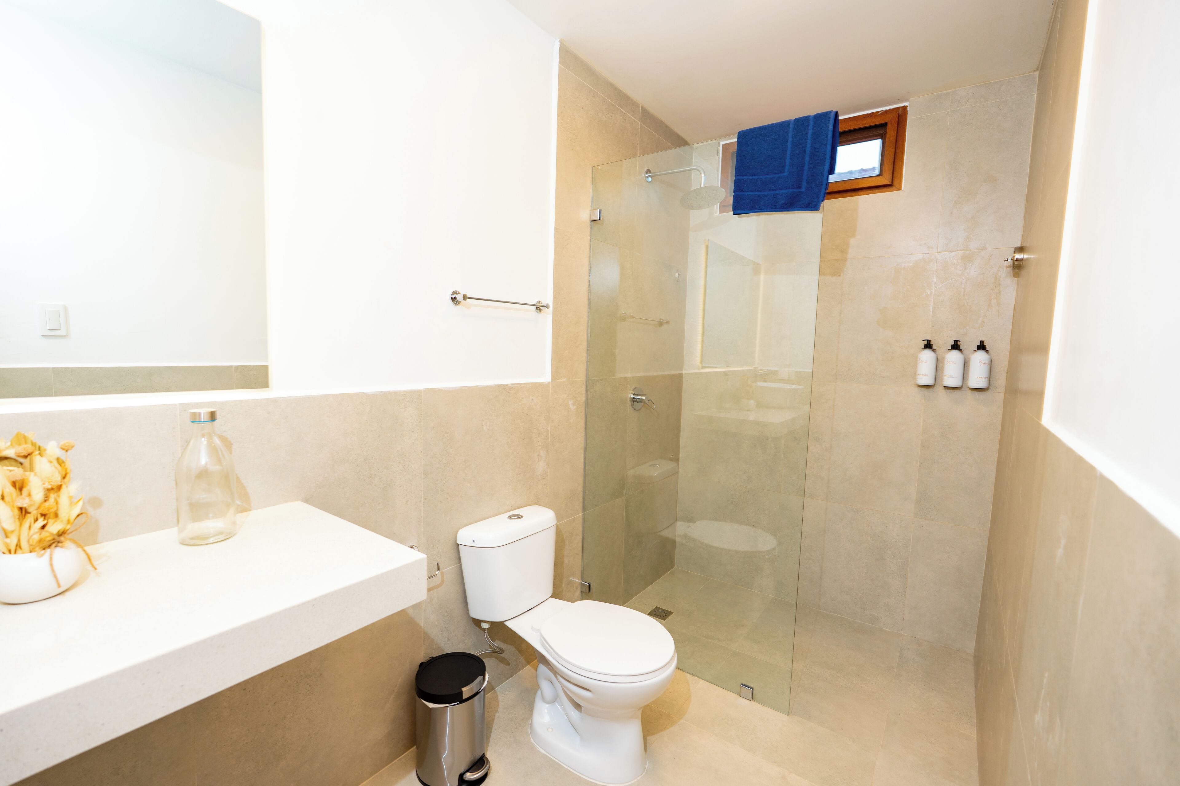 Et moderne badeværelse med toilet, glasvægs brusekabine og vask med skraldespand.