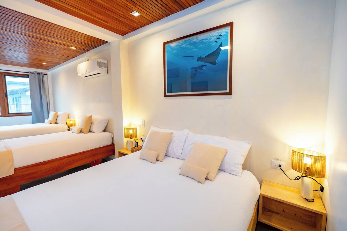 Une chambre d’hôtel avec deux lits, un ventilateur de plafond, un climatiseur, un tableau représentant un requin et une table de chevet avec une lampe.