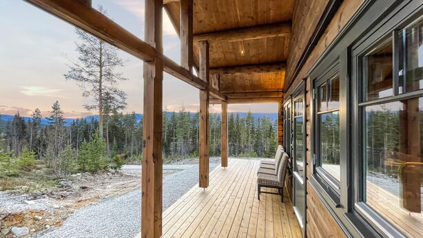 Une terrasse en bois offrant une vue sur une forêt et des montagnes.