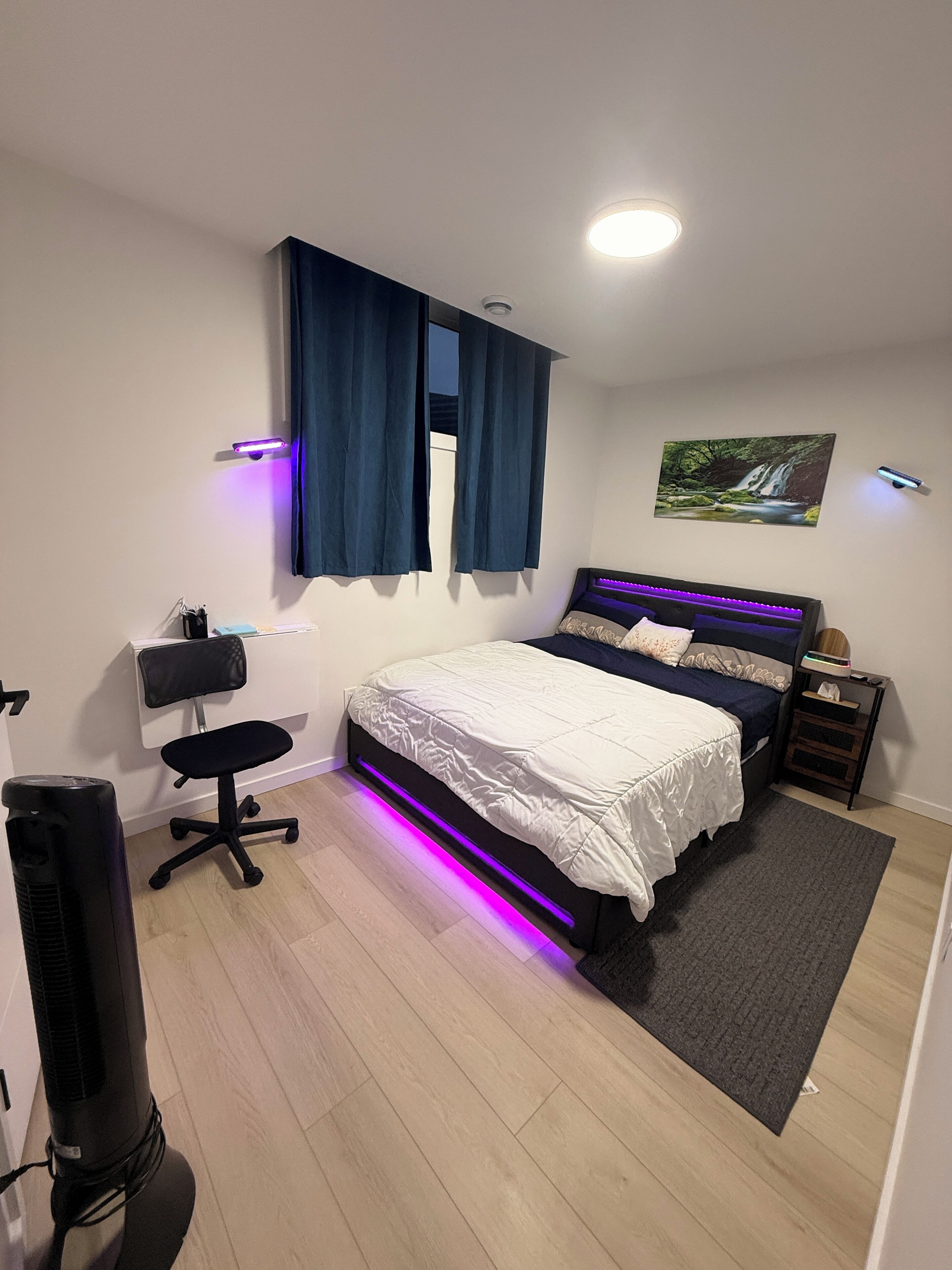 Une chambre à coucher avec un lit, un bureau, une chaise, un téléviseur et un tableau accroché au mur.