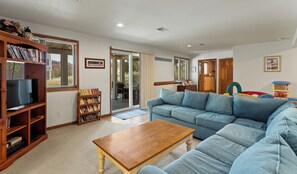 Televisie, een open haard, videospelletjes en een dvd-speler