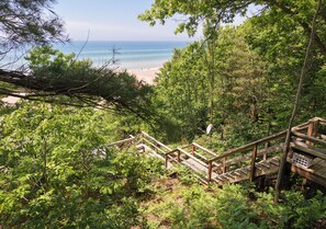 A wooden staircase leading to a beach, surrounded by dense green foliage.