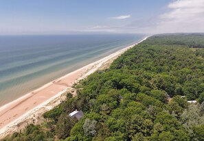 A coastal landscape with a beach, dense forest, and a clear sky.