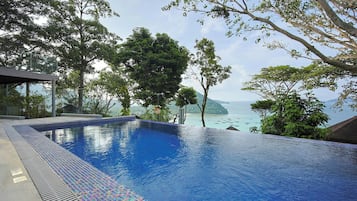 A swimming pool with a view of the sea, surrounded by trees.