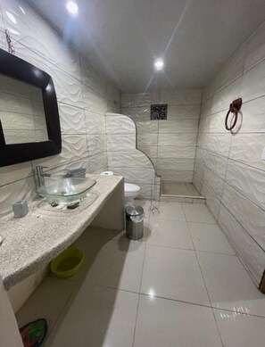 Hair dryer, towels, soap, toilet paper