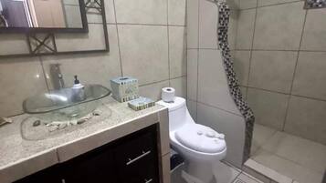 Hair dryer, towels, soap, toilet paper