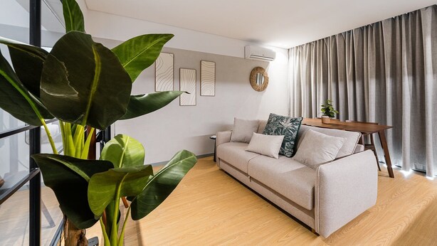 Un salon moderne avec un canapé beige, une table basse en bois et une grande plante verte.