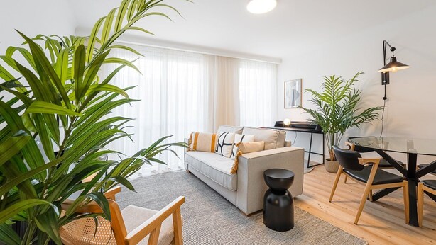 A modern living room with a sofa, coffee table, and dining area. There are potted plants and a lamp. - GuestReady - Modern ambience in Porto (Porto)