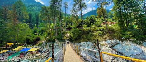 Un puente colgante sobre un río, con una montaña boscosa al fondo.