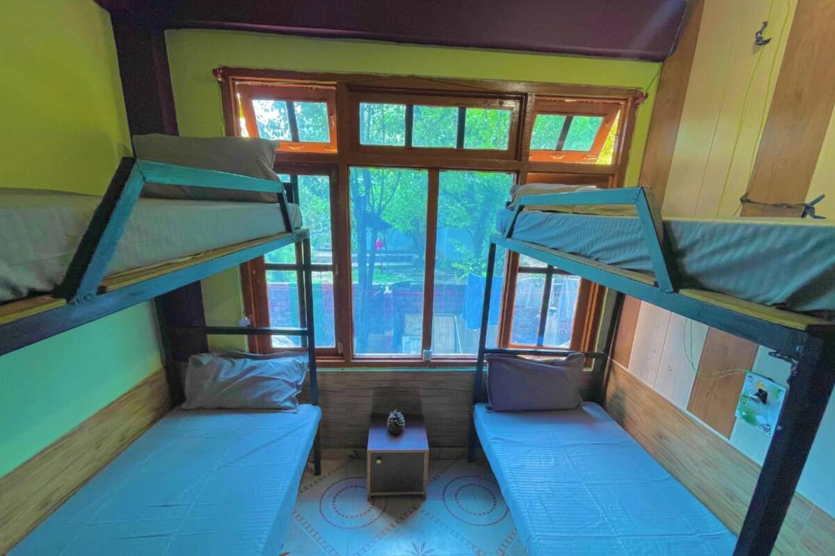 A room with bunk beds, a small table, and a window with a view of greenery.