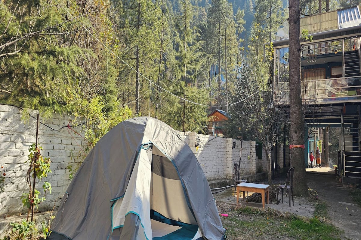 A tent set up in a wooded area with a brick wall and a building in the background.