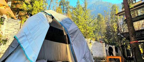 A tent set up in a natural environment with trees and a mountain in the background.