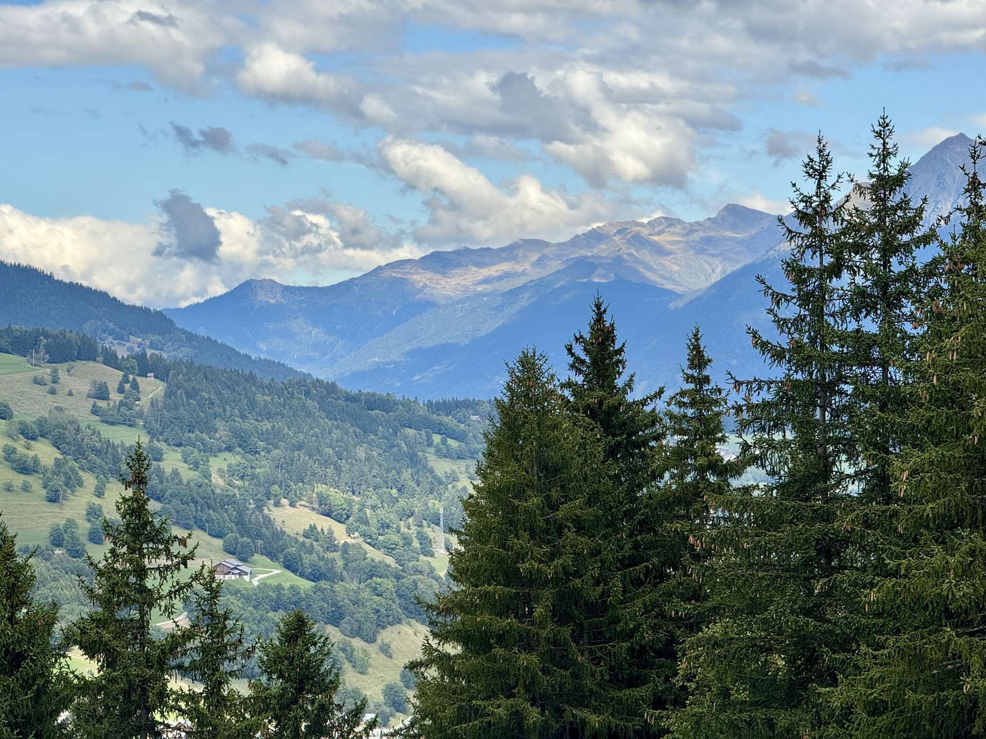 A mountainous landscape with dense forests and a clear sky.