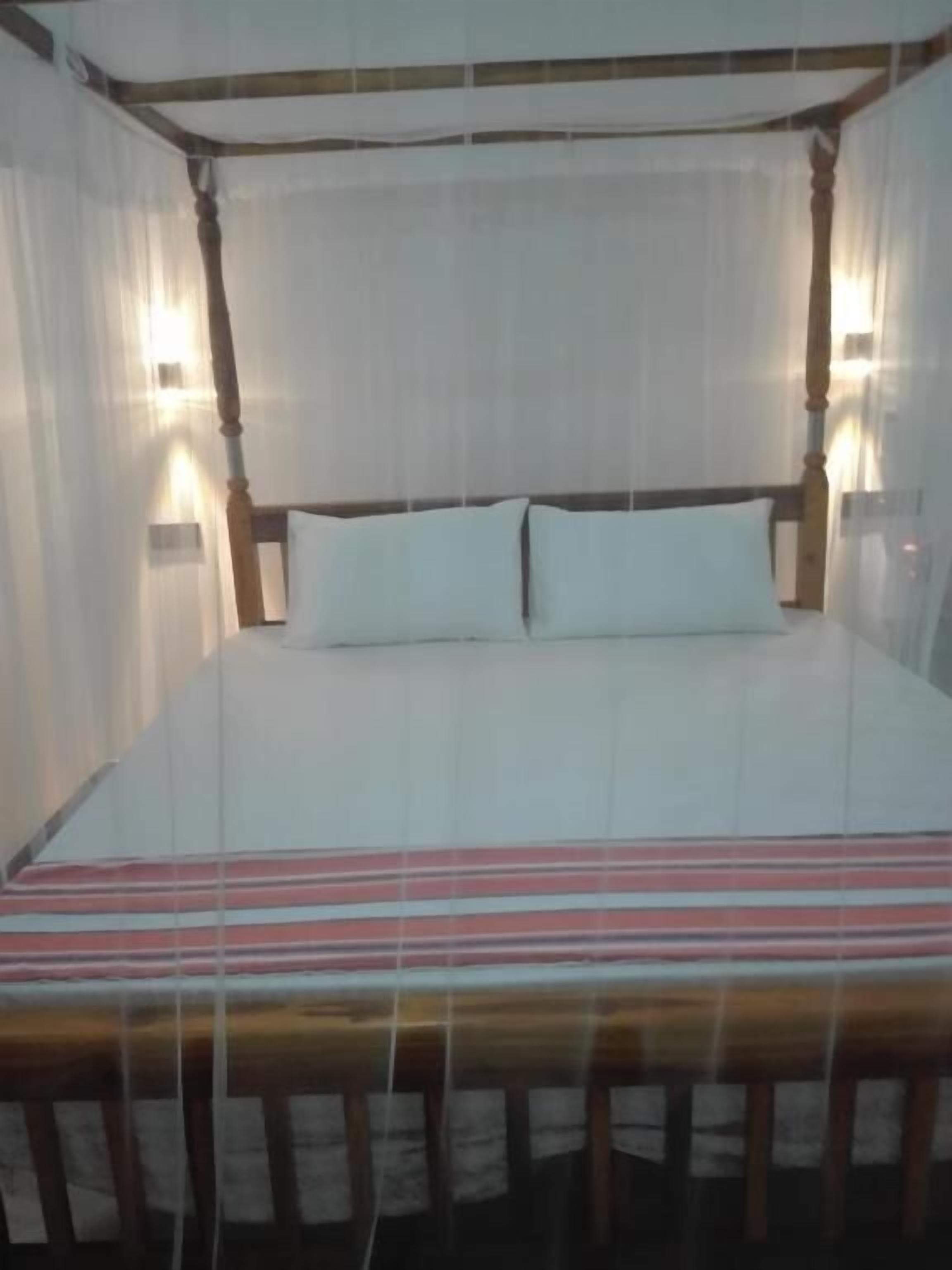 A bed with a canopy, two pillows, and a striped bedspread.