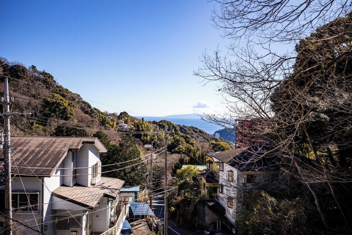A residential area with houses, power lines, and a mountainous backdrop.