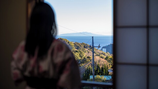 Eine Person steht an einem Fenster mit Blick auf eine hügelige Landschaft und einen entfernten Berg.