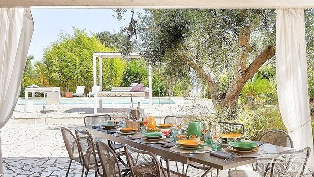An outdoor dining area with a table set for a meal, surrounded by chairs, and overlooking a pool and garden.