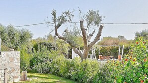 A garden with a stone wall, a tree, and a building in the background.