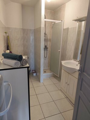Een badkamer met douche, wastafel en toilet.