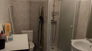 Hair dryer, towels, soap, toilet paper