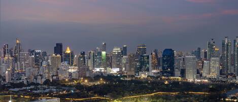 A city skyline at dusk with illuminated buildings and a dense urban area in the foreground.