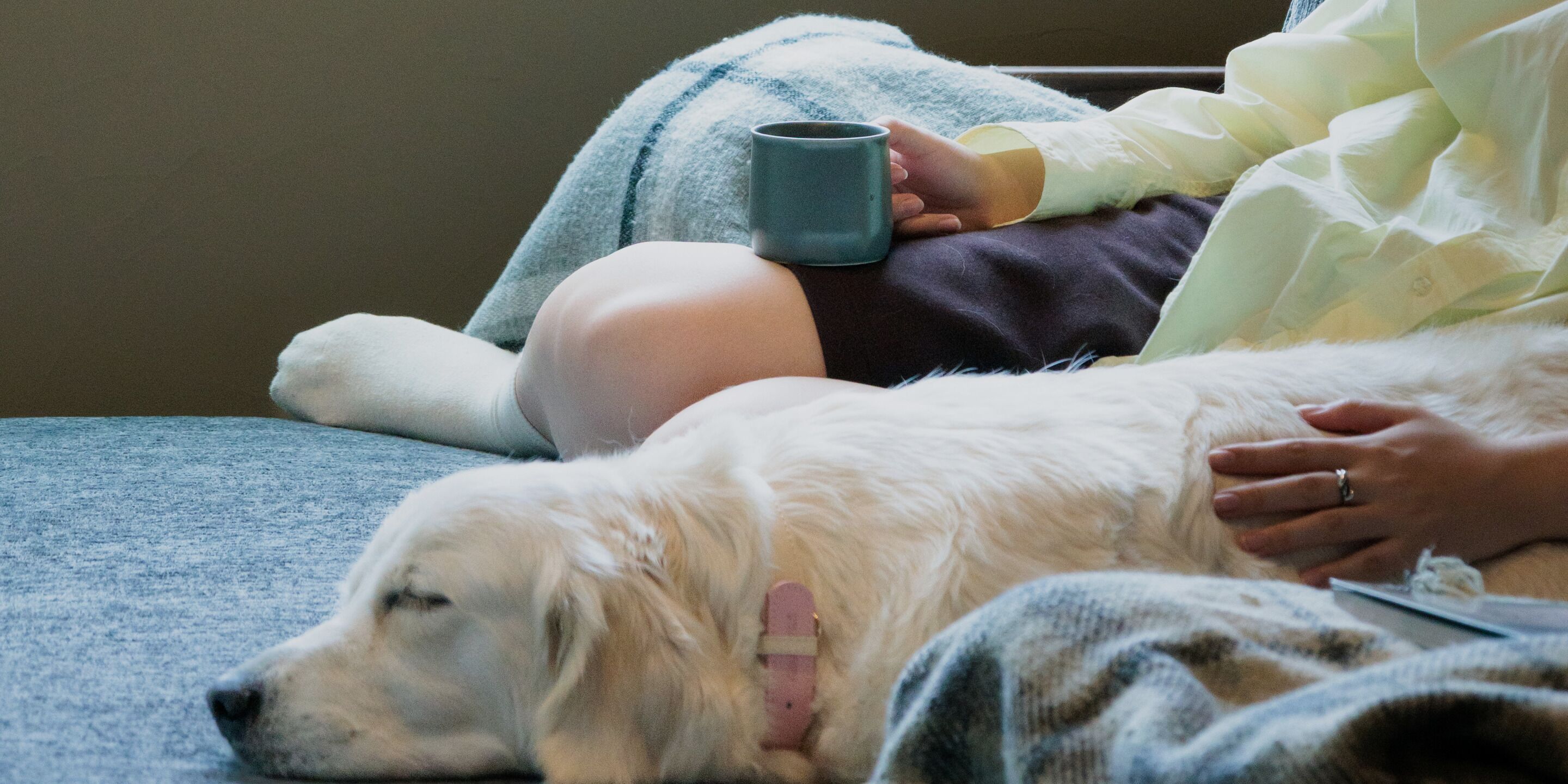 Une personne allongée sur un lit, avec un chien à ses côtés, tenant une tasse.