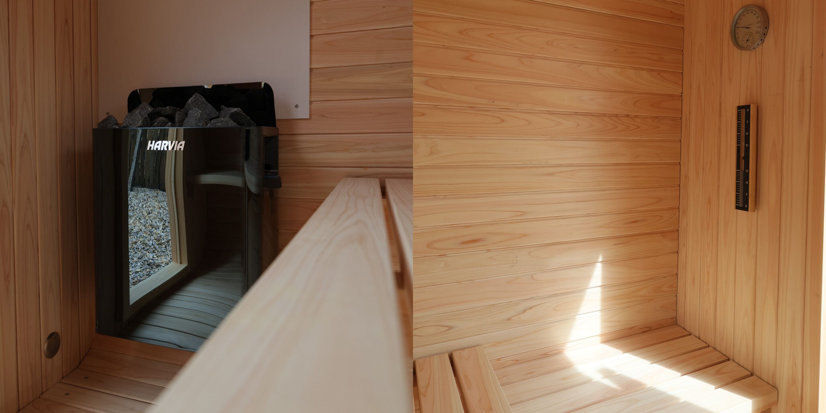 Un sauna con banco, calentador en la pared y suelo de madera.
