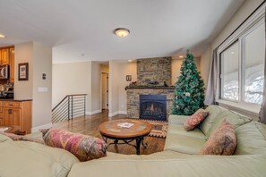 Smart TV, chimenea, libros