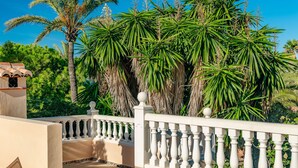 A balcony with a white balustrade, palm trees, and a tiled floor. - Vacation home Verena by Interhome (Dénia)