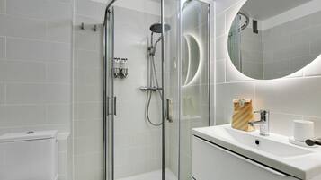 Shower, hair dryer, towels