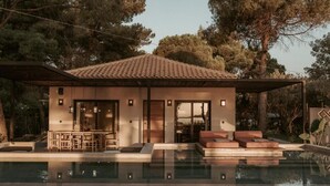 A modern house with a swimming pool, outdoor seating, and a patio area. - Pure Beachfront Villa with pool (Sithonia)