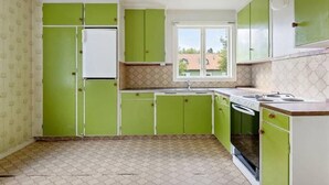 A kitchen with green cabinets, a white refrigerator, and a window with a view of buildings outside. - Oas Finnerödja (Finnerödja)
