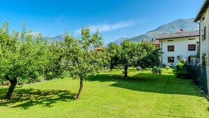 A well-maintained garden with several fruit trees, a white building with a red roof, and mountains in the background.