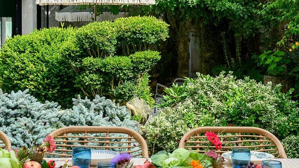 An outdoor dining area with a checkered tablecloth, wicker chairs, and a table set with fruits, vegetables, and glassware.