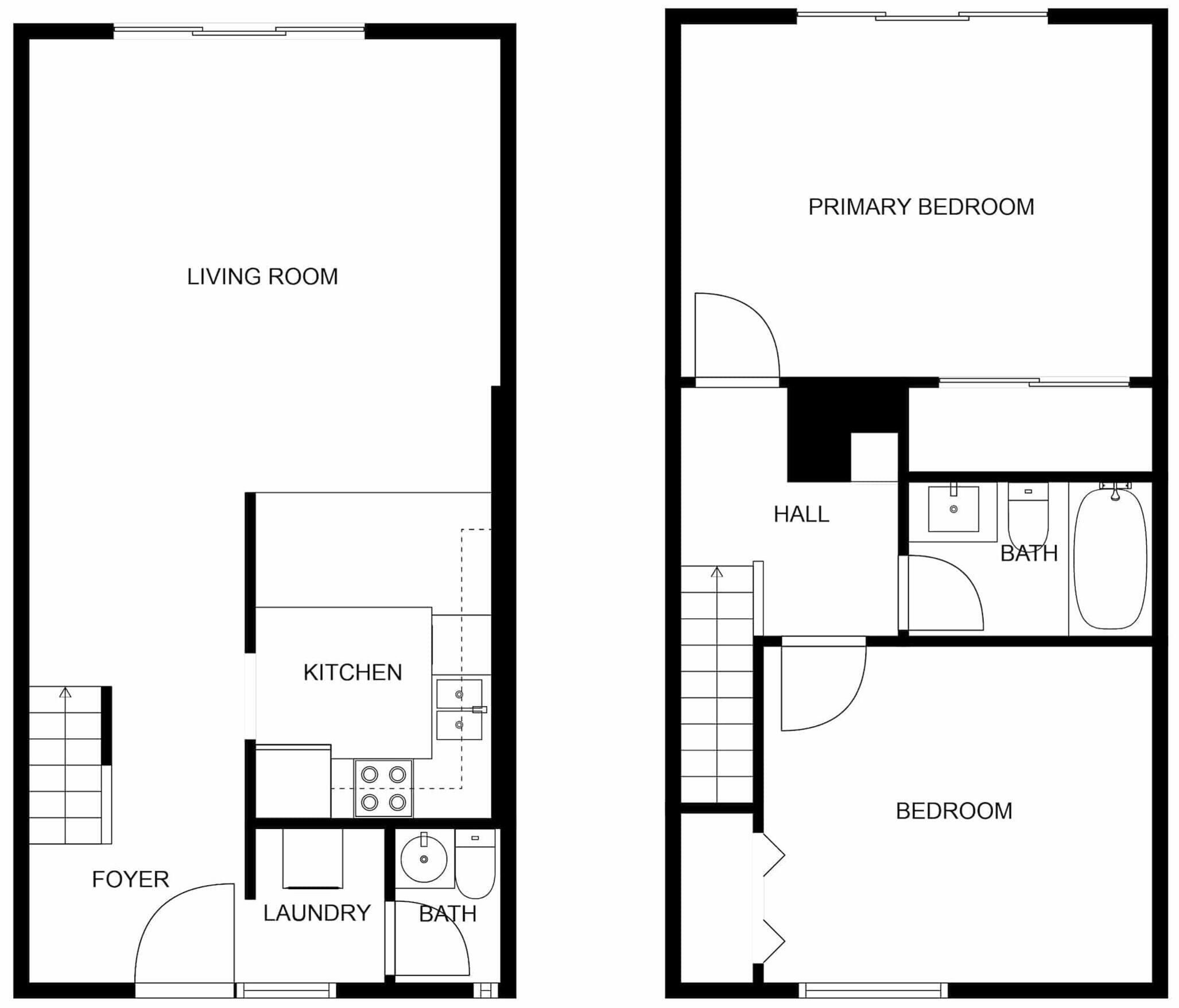 Een plattegrond met een woonkamer, keuken, hal, wasruimte en twee badkamers.