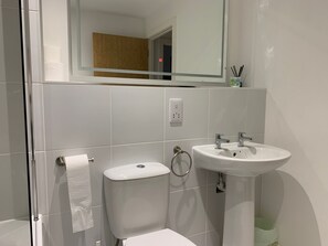 Secadora de cabello, toallas, jabón, papel de baño 