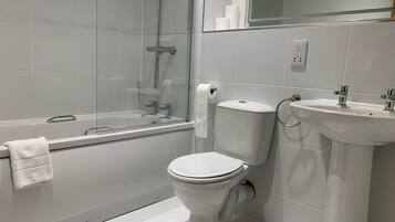 Hair dryer, towels, soap, toilet paper