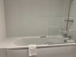 Hair dryer, towels, soap, toilet paper