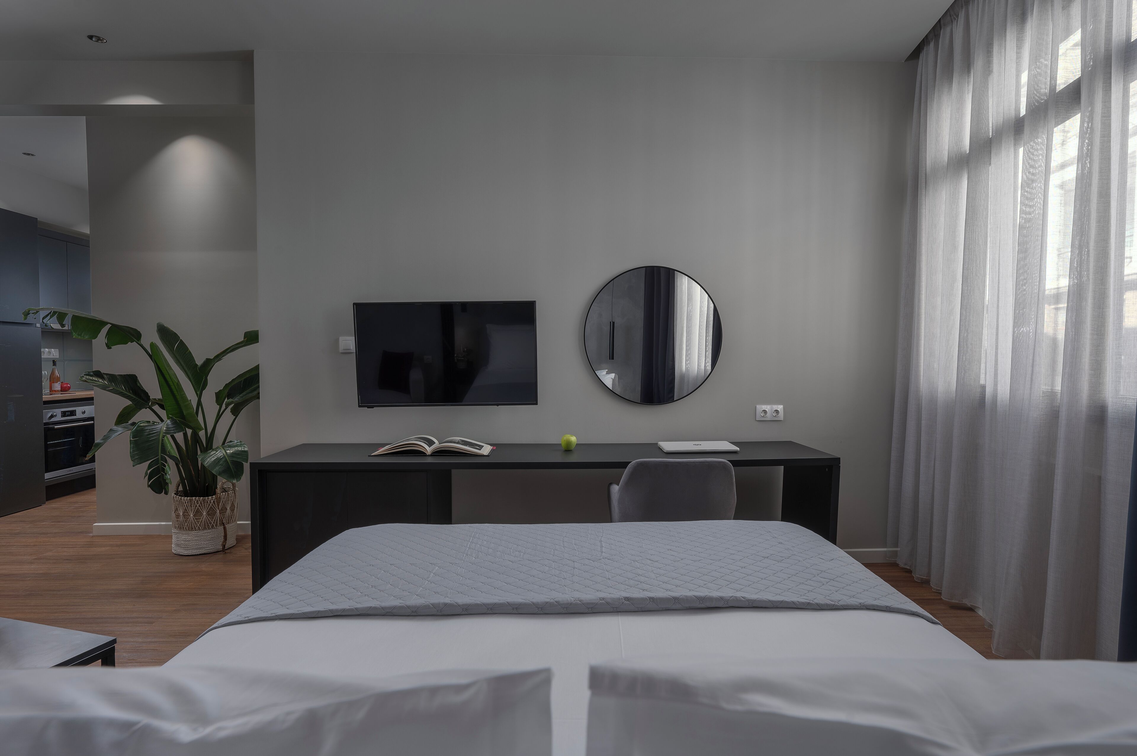 A modern hotel room with a bed, a desk, a TV, a mirror, and a potted plant.