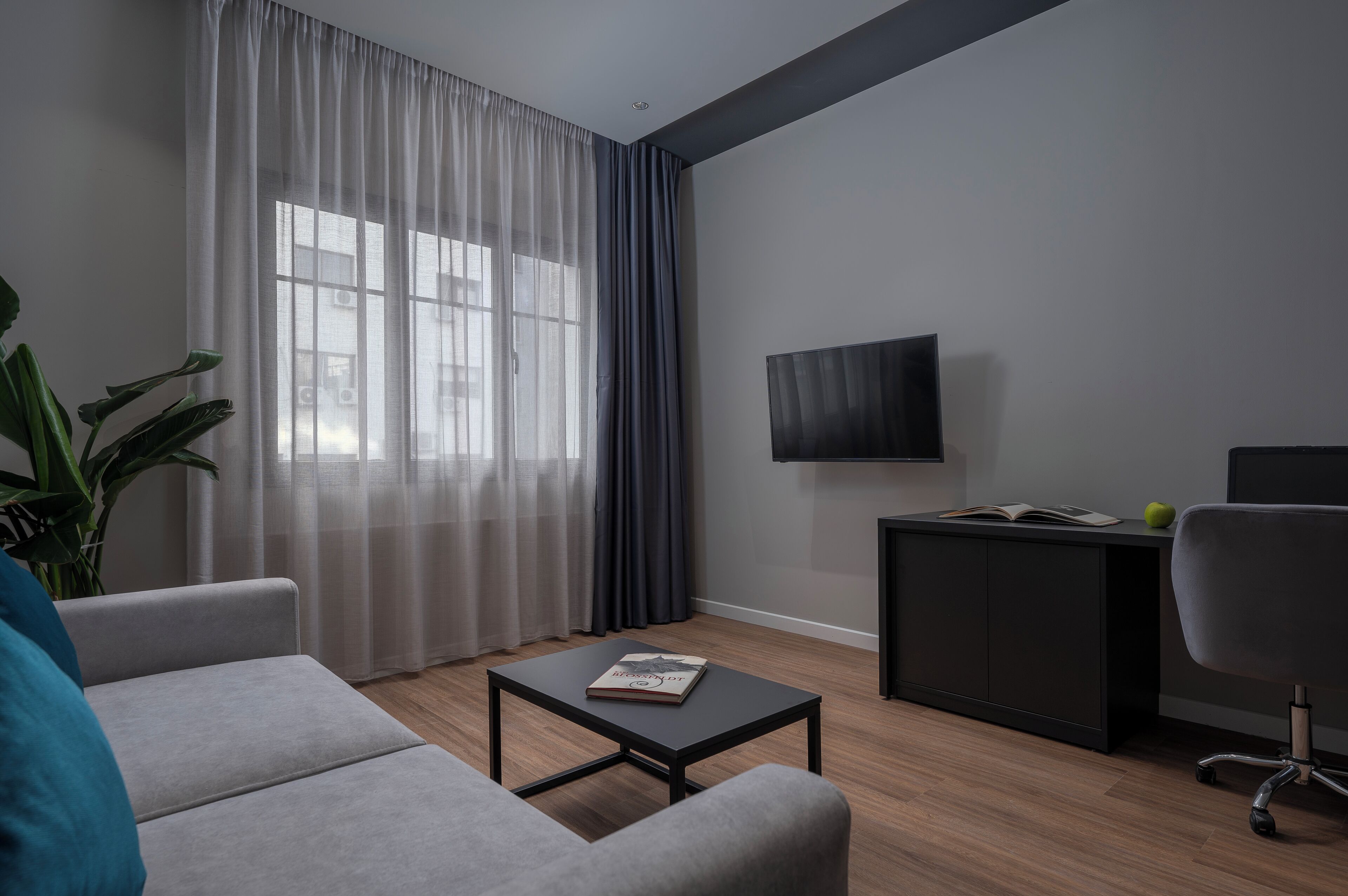 A modern living room with a grey sofa, a coffee table with a book, a TV on the wall, and a desk with a plant.