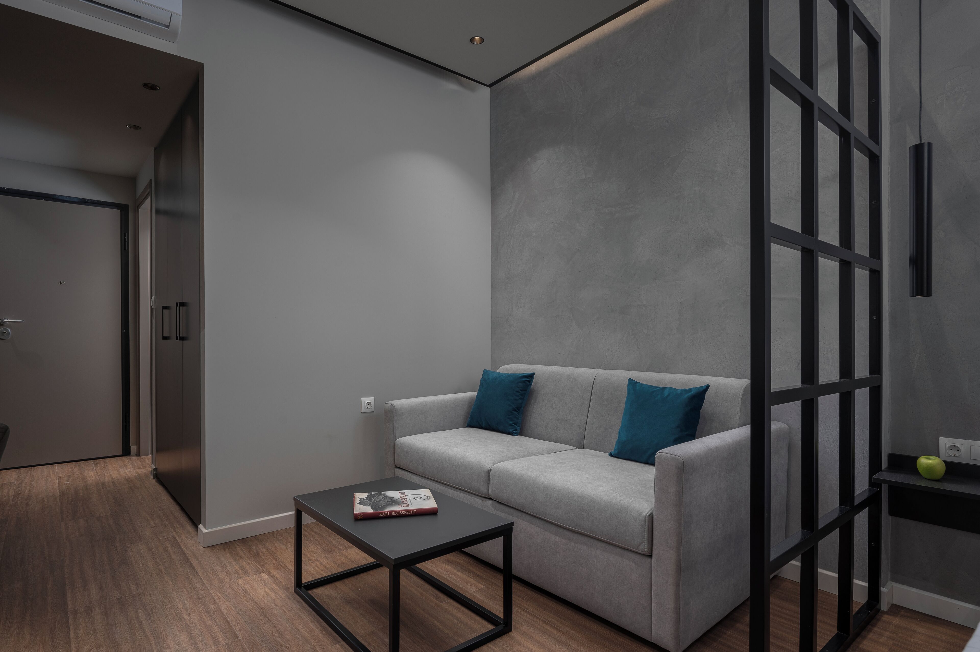 Ein modernes Wohnzimmer mit einem grauen Sofa, einem schwarzen Couchtisch und einem Bücherregal.