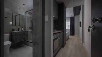 A modern bathroom with a glass-enclosed shower, a toilet, and a vanity with a mirror.