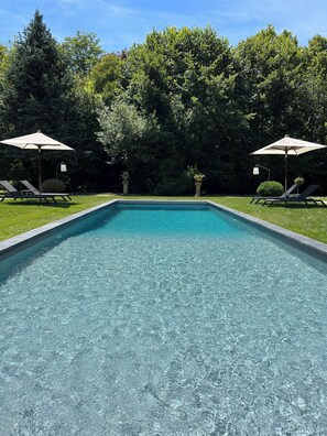 Ein rechteckiger Swimmingpool mit klarem, blauem Wasser, umgeben von einer gepflegten Rasenfläche und Bäumen. Zwei Liegestühle mit Sonnenschirmen und ein kleiner Topfpflanz befinden sich in der Mitte.
