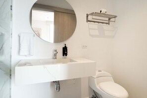 Shower, hair dryer, towels, shampoo