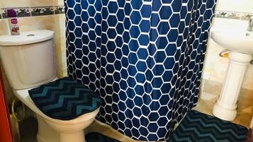 Shower, bidet, towels, soap