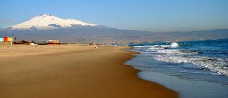 A beach with a snow-capped mountain in the background, a clear sky, and a few buildings near the shore.