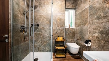 Een douche, gratis toiletartikelen, een haardroger, handdoeken